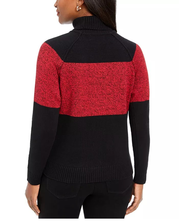Karen Scott Suéter Feminino de Algodão Colorblock com Gola Alta, Vermelho, Tamanho Pequeno Médio