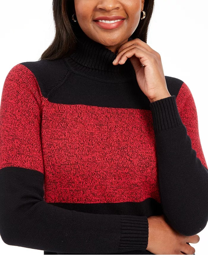 Karen Scott Suéter Feminino de Algodão Colorblock com Gola Alta, Vermelho, Tamanho Pequeno Médio