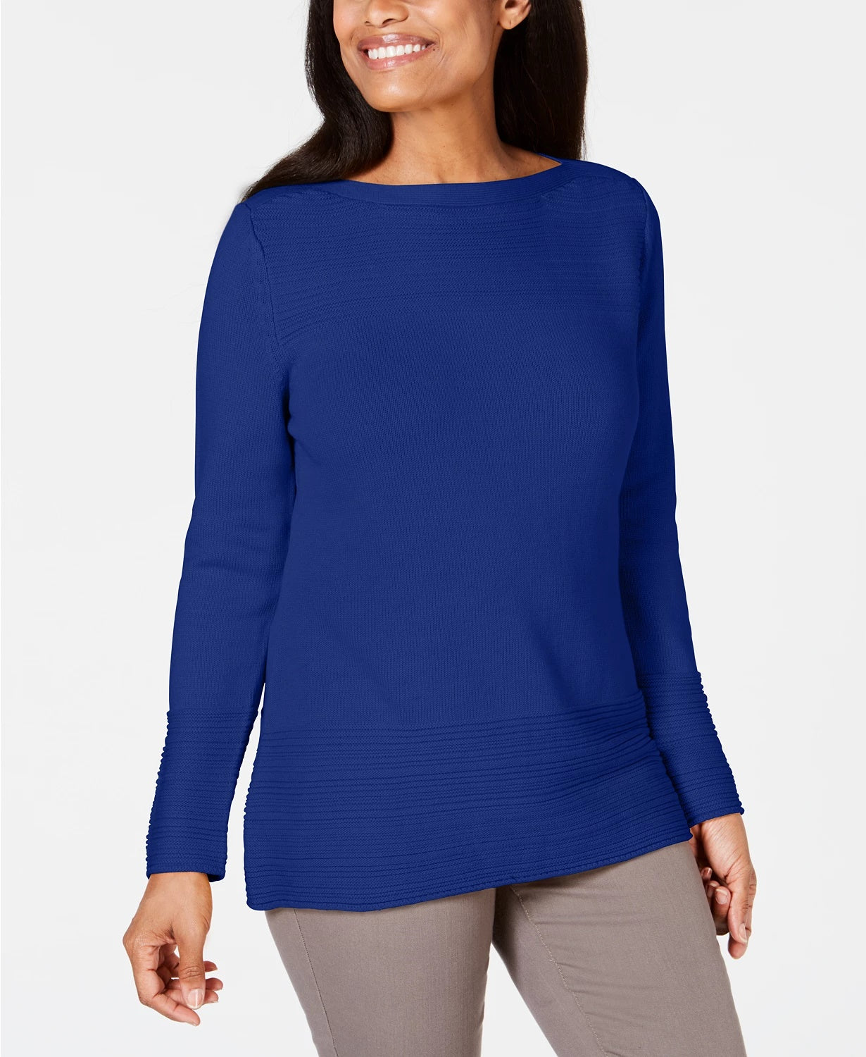 Karen Scott Suéter Feminino de Algodão com Gola Canoa Azul Brilhante Tamanho P