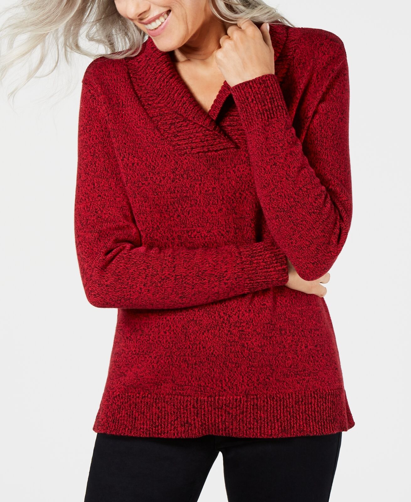 Karen Scott Suéter Feminino de Algodão Marmorizado com Gola Xale Vermelho Brilhante Tamanho P