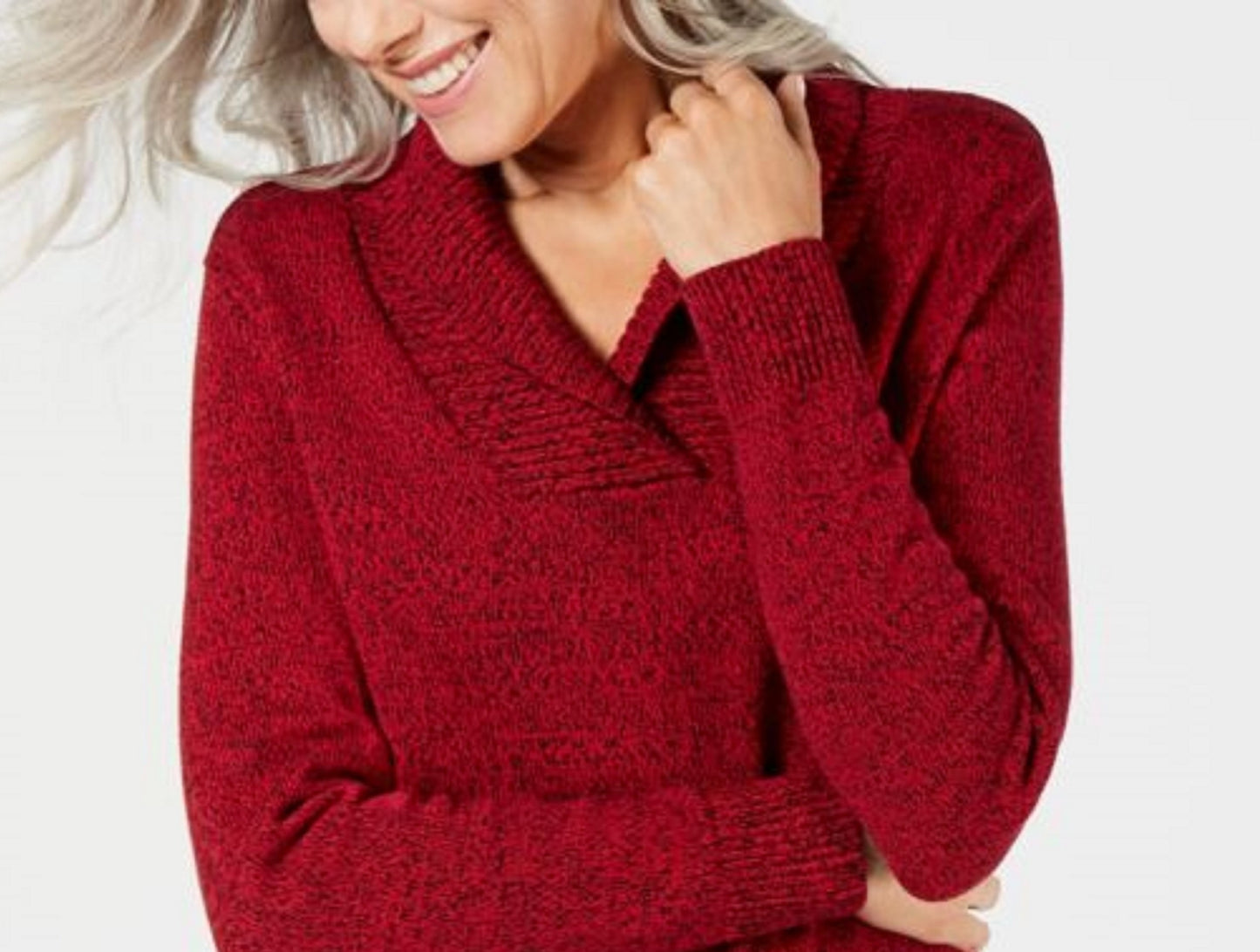 Karen Scott Suéter Feminino de Algodão Marmorizado com Gola Xale Vermelho Brilhante Tamanho P