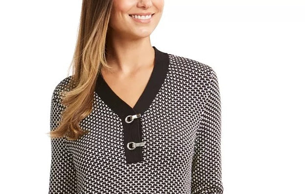 Karen Scott Suéter Feminino de Algodão Texturizado com Acabamento Contrastante, Preto, Tamanho Grande