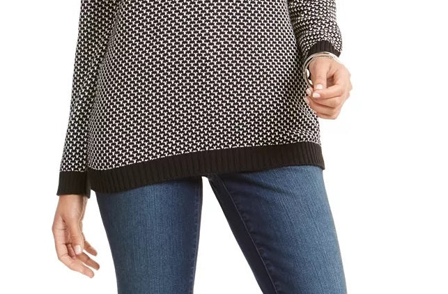 Karen Scott Suéter Feminino de Algodão Texturizado com Acabamento Contrastante, Preto, Tamanho Grande