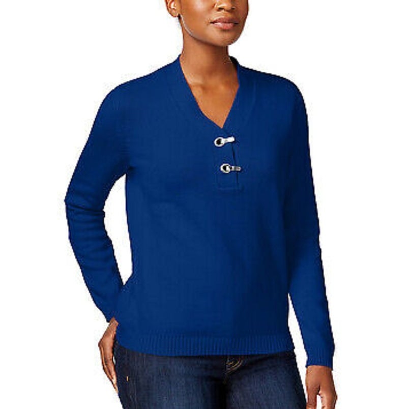 Karen Scott Suéter Henley Feminino de Algodão Marmorizado Azul Escuro Tamanho P