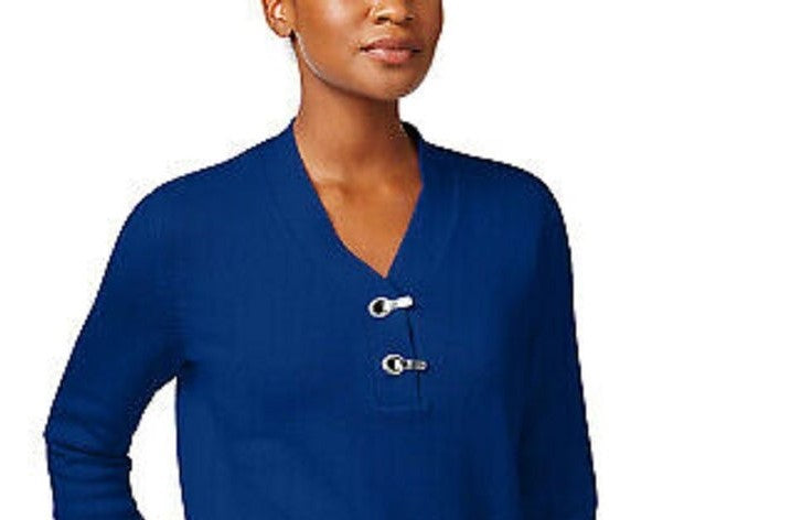 Karen Scott Suéter Henley Feminino de Algodão Marmorizado Azul Escuro Tamanho P