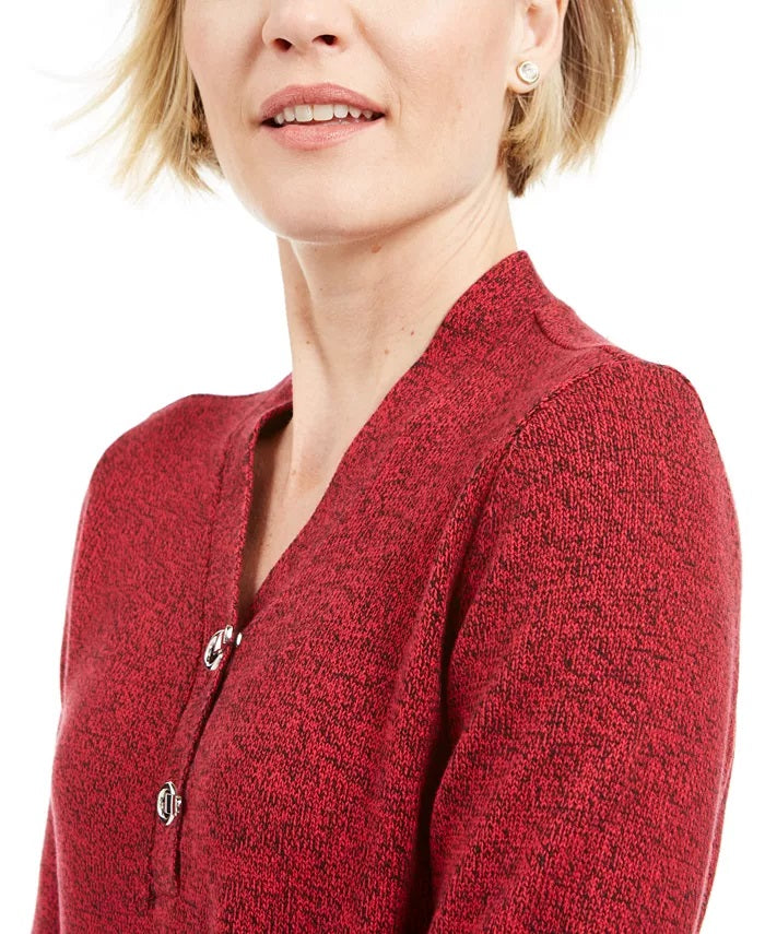 Karen Scott Suéter Henley Feminino de Algodão Marmoreado Vermelho Brilhante Tamanho Médio