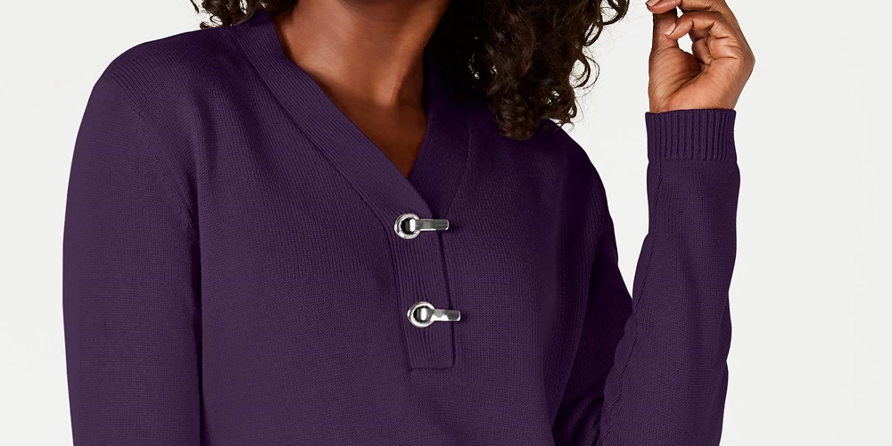 Karen Scott Suéter Henley Feminino de Algodão Roxo Tamanho Pequeno