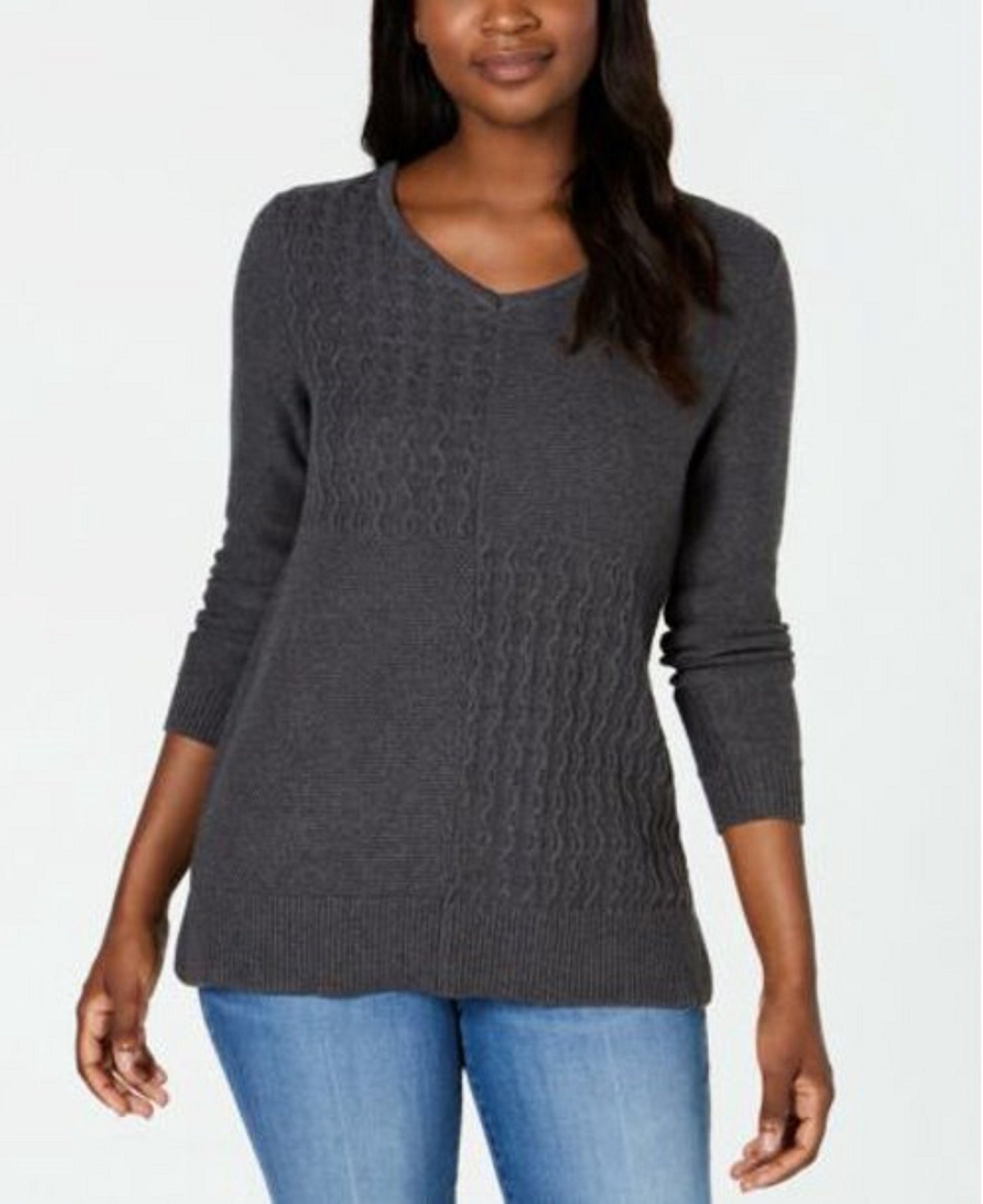 Suéter feminino Karen Scott de algodão com pontos mistos, tamanho extra grande, na cor carvão