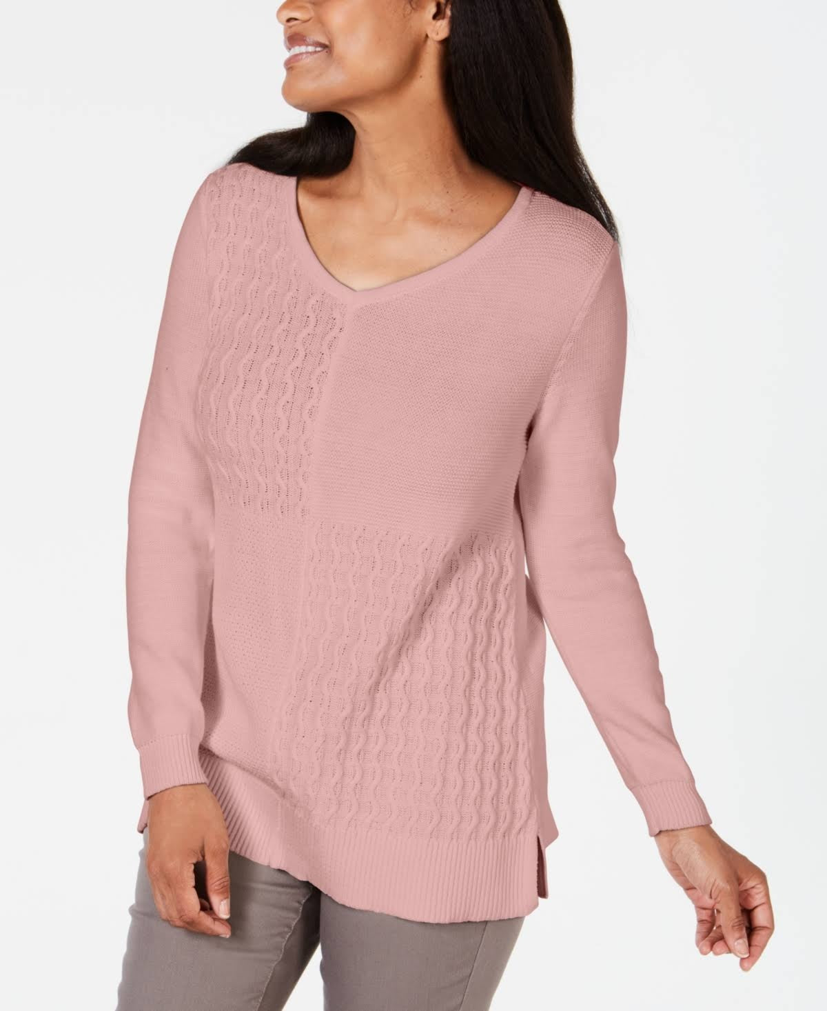 Suéter feminino Karen Scott de algodão com ponto misto, rosa, tamanho médio
