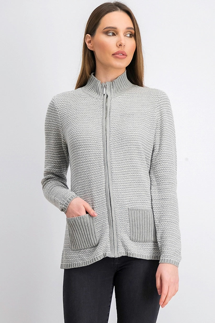 Karen Scott Cardigan Feminino Texturizado com Zíper Frontal Cinza Tamanho Médio
