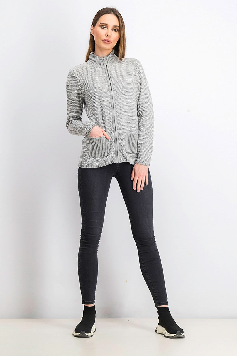Karen Scott Cardigan Feminino Texturizado com Zíper Frontal Cinza Tamanho Médio