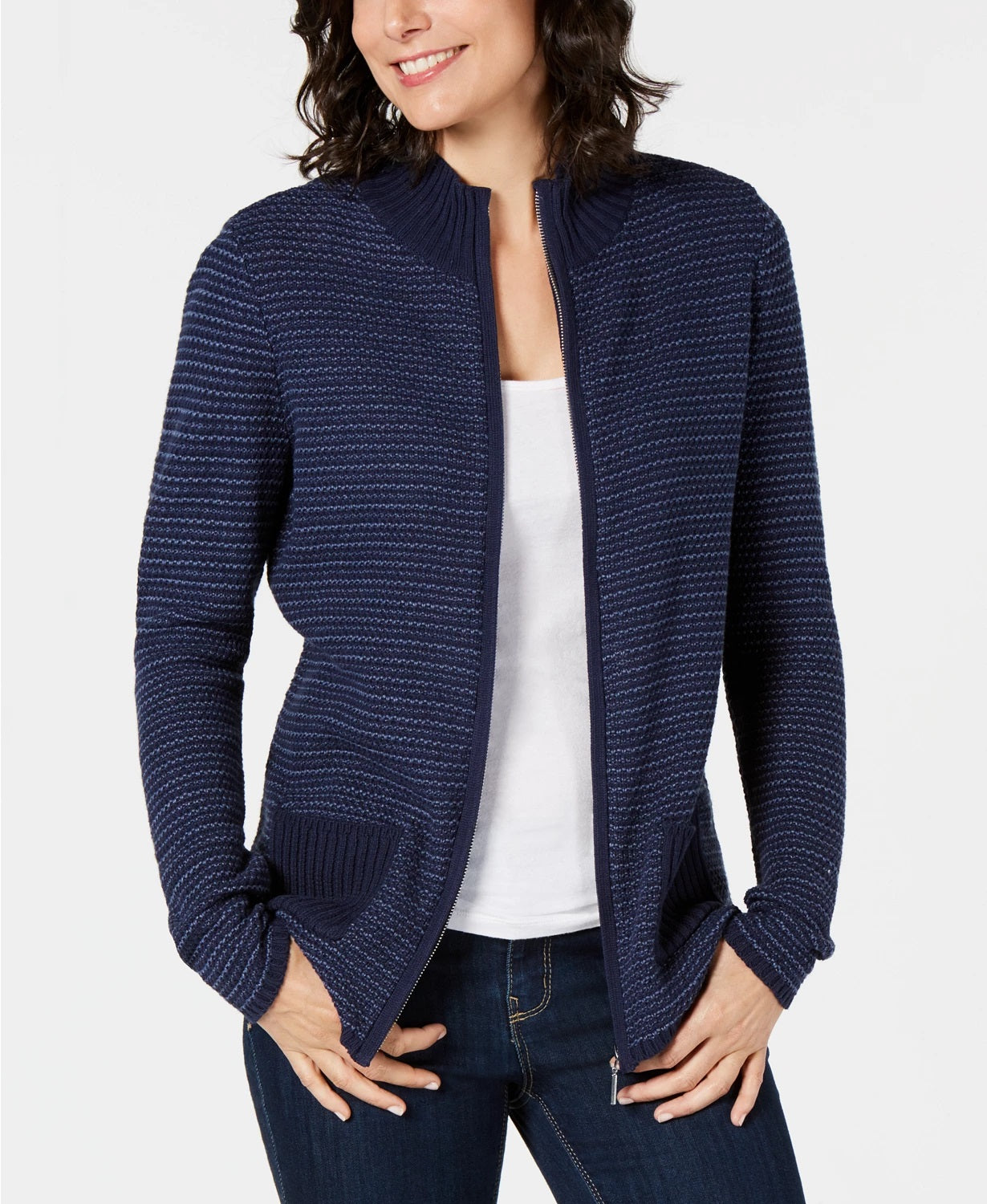 Karen Scott Cardigan Feminino Texturizado com Zíper Frontal Azul Marinho Tamanho Médio