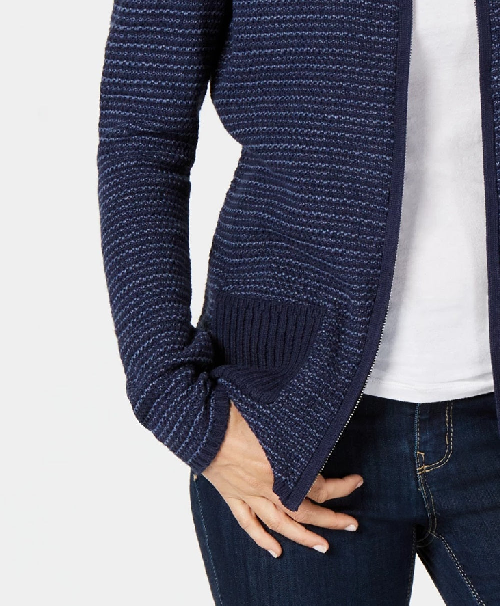 Karen Scott Cardigan Feminino Texturizado com Zíper Frontal Azul Marinho Tamanho Médio