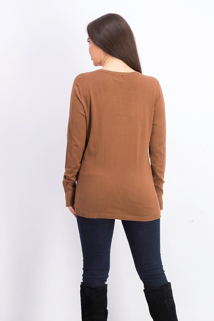 Suéter feminino JM Collection com punho de botão e gola redonda, marrom, tamanho médio