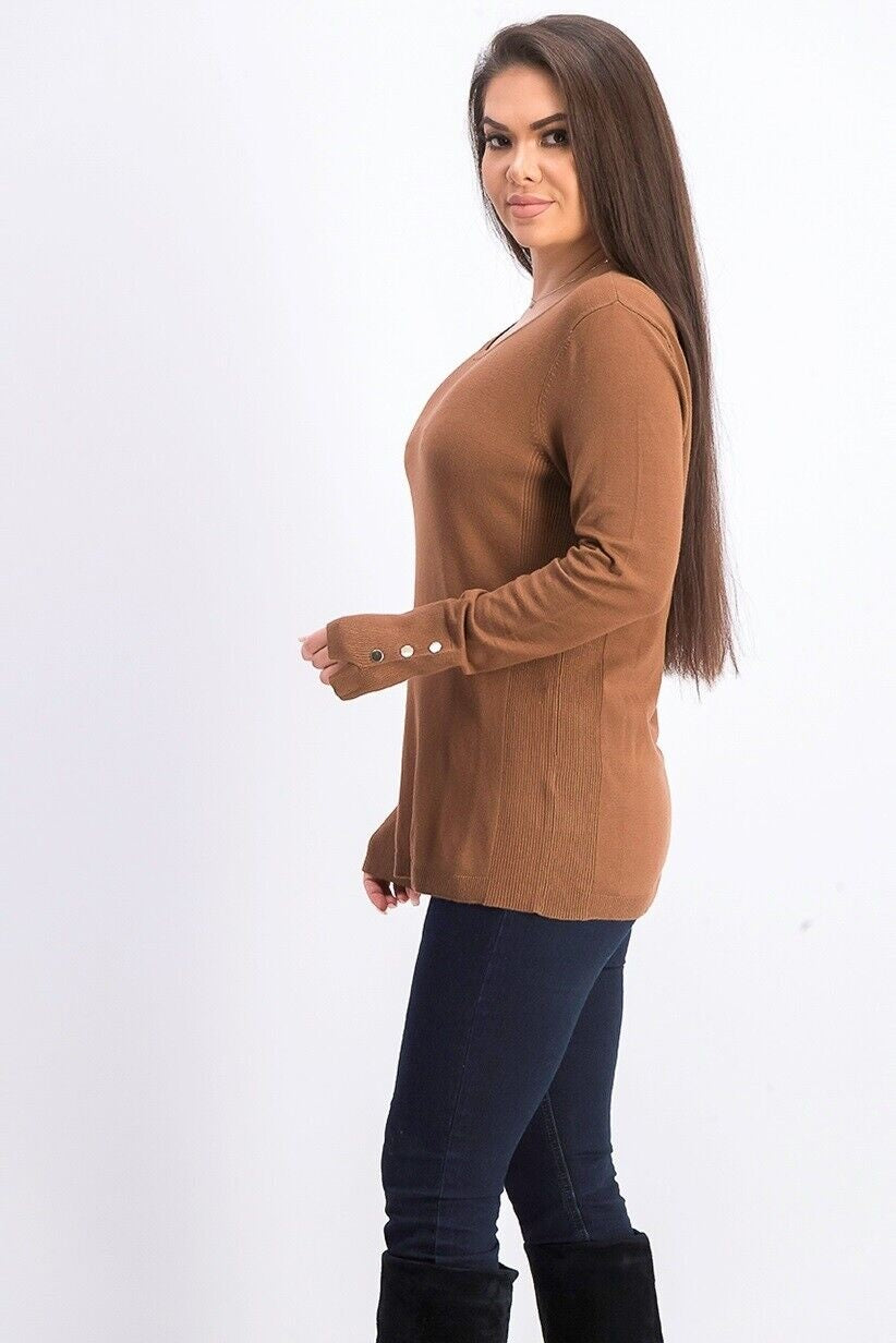 Suéter feminino JM Collection com punho de botão e gola redonda, marrom, tamanho médio