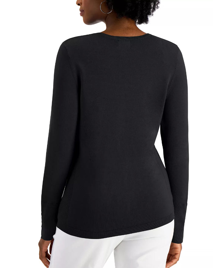 Suéter feminino JM Collection com gola redonda e punhos abotoados, cinza, tamanho XX-G