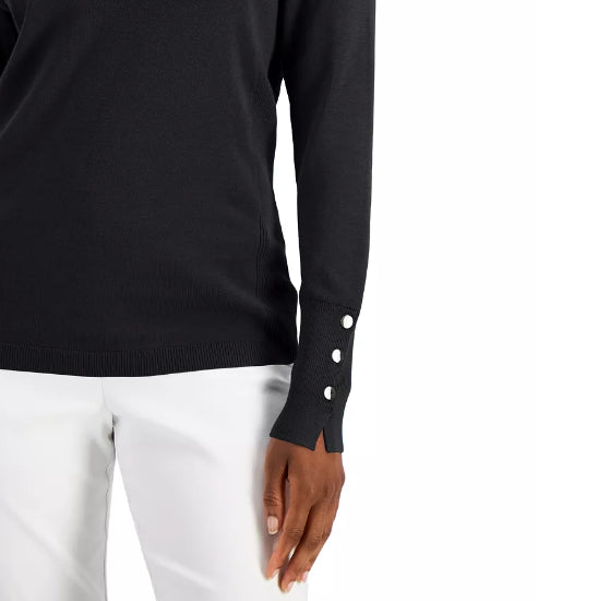 Suéter feminino JM Collection com gola redonda e punhos abotoados, cinza, tamanho XX-G