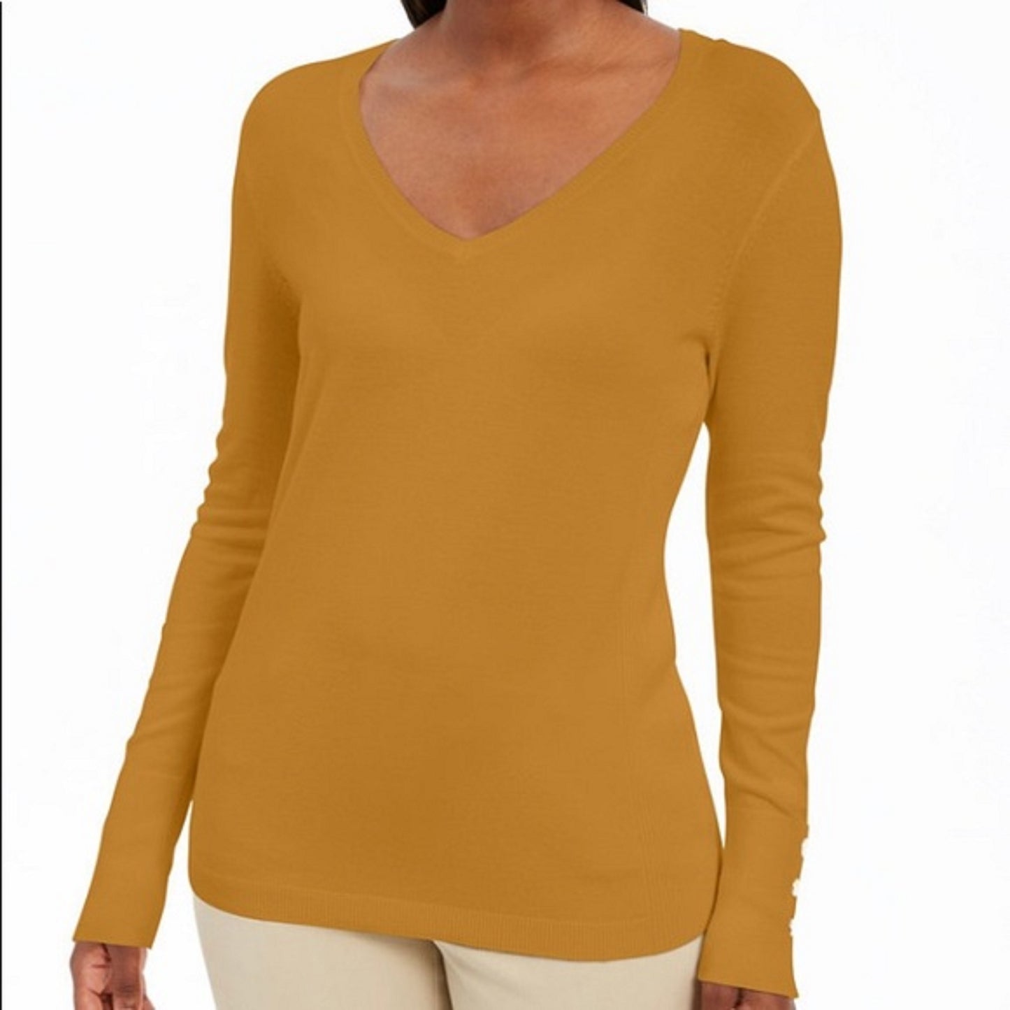 Suéter feminino JM com decote em V e mangas enfeitadas, tamanho grande, dourado