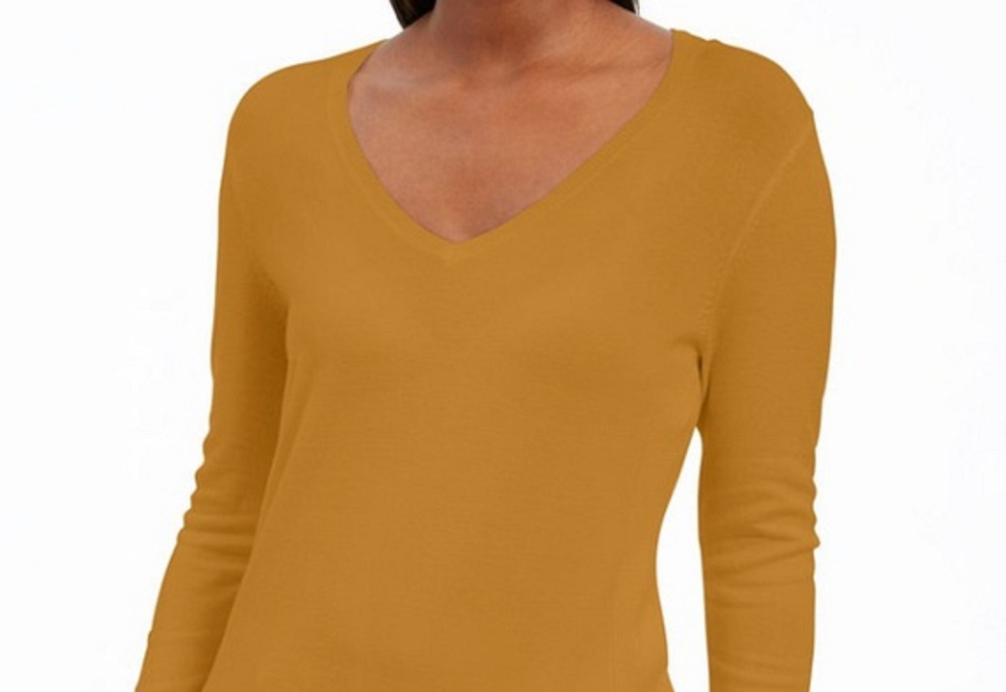 Suéter feminino JM com decote em V e mangas enfeitadas, tamanho grande, dourado