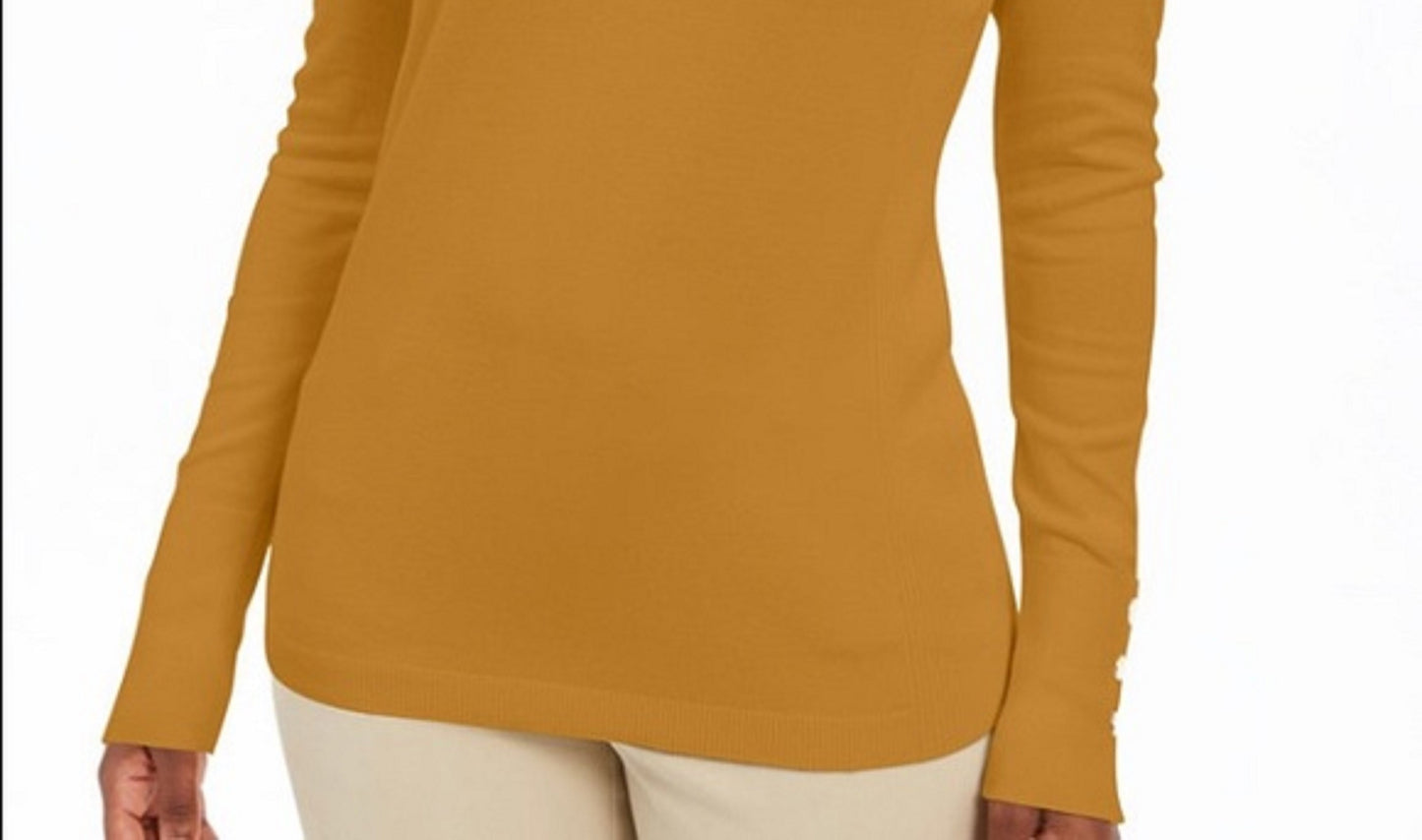 Suéter feminino JM com decote em V e mangas enfeitadas, tamanho grande, dourado