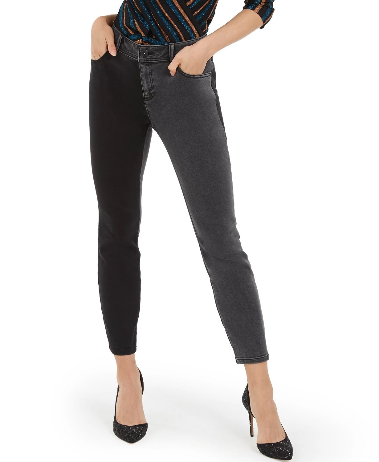 Calça jeans skinny bicolor feminina INC International Concepts, preta, tamanho 0