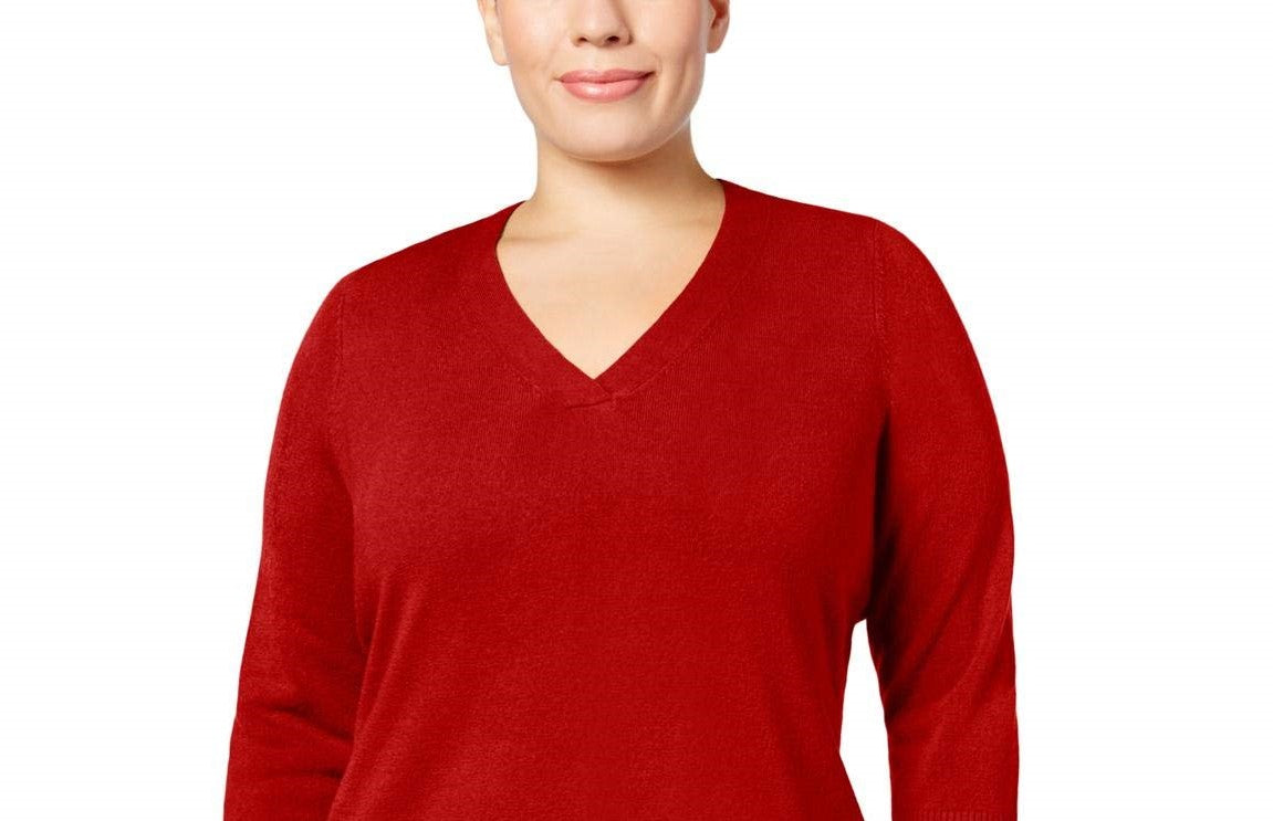 Karen Scott Suéter feminino com decote em V, vermelho, tamanho extra grande