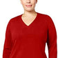 Karen Scott Suéter Luxsoft Plus Size com Decote em V, Vermelho, Tamanho 1X