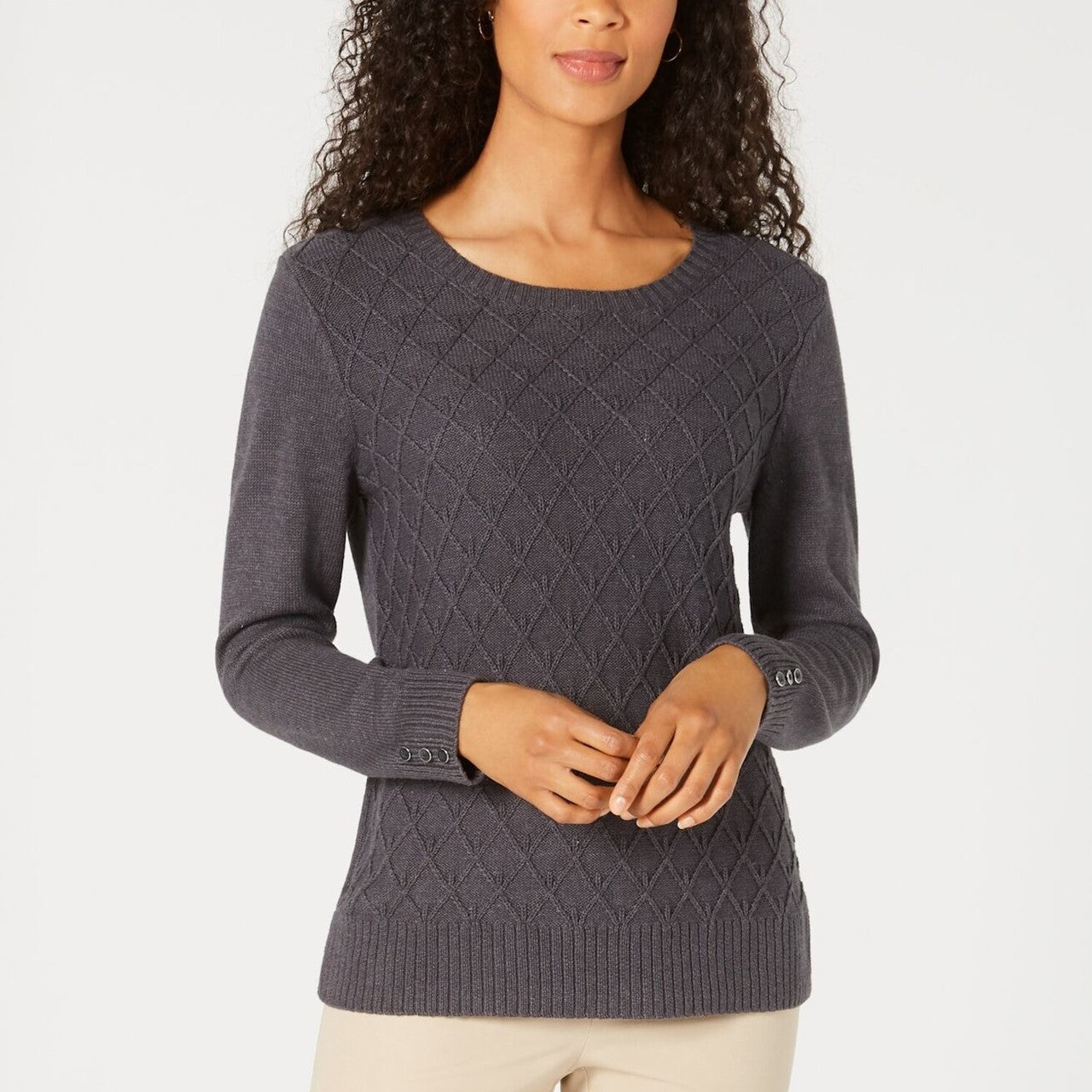 KAREN SCOTT Suéter feminino cinza de manga comprida e gola redonda, tamanho médio