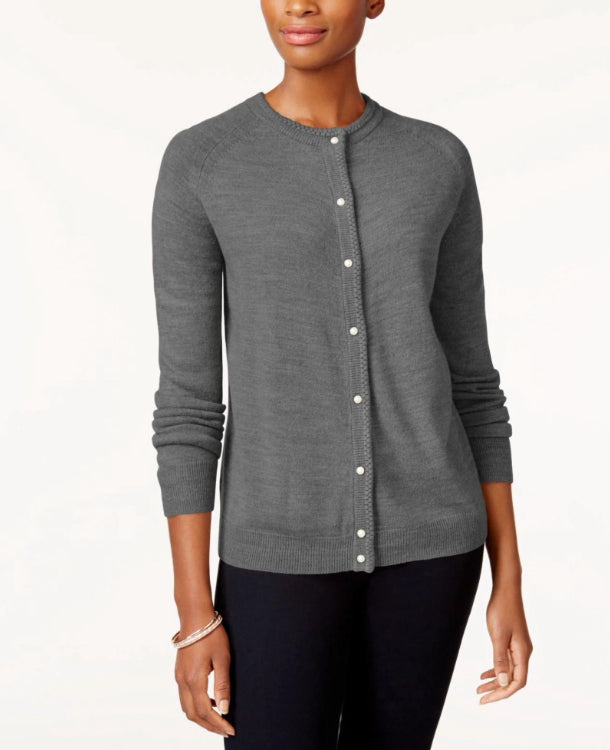 Karen Scott Cardigan Feminino com Botões e Contas Cinza Tamanho P