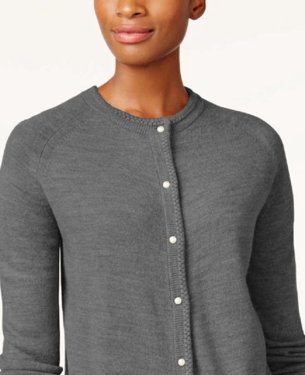 Karen Scott Cardigan Feminino com Botões e Contas Cinza Tamanho P