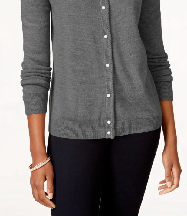 Karen Scott Cardigan Feminino com Botões e Contas Cinza Tamanho P