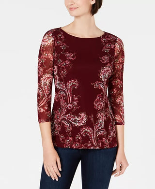 Charter Club Women's Petite Floral-Print Mesh Top Wine Size Medium