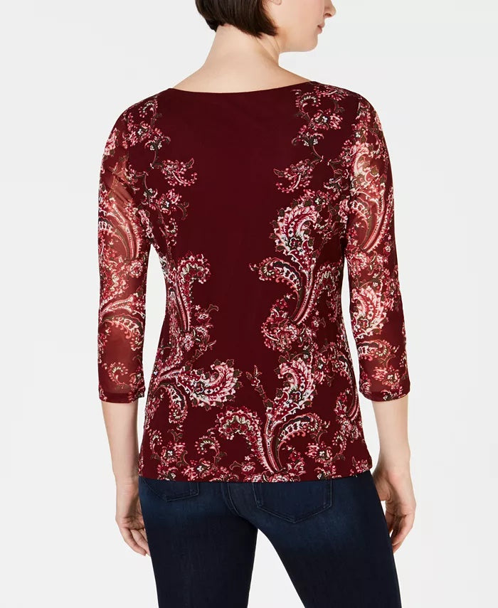 Charter Club Top de malha feminino pequeno com estampa floral, vinho, tamanho médio