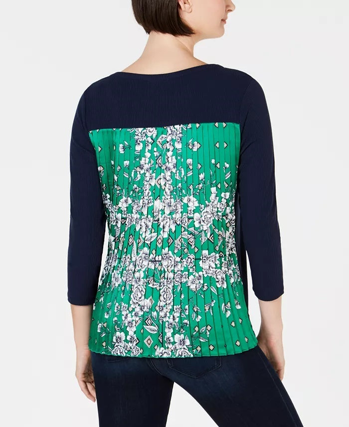 Charter Club Top Feminino Contraste Plissado Costas Caneladas Azul Tamanho XX-G