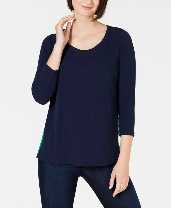 Charter Club Top Feminino Contraste Plissado Costas Caneladas Azul Tamanho XX-G