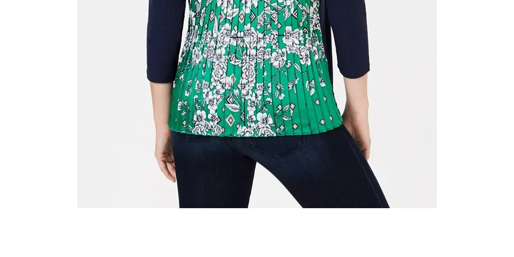 Charter Club Top Feminino Contraste Plissado Costas Caneladas Azul Tamanho XX-G