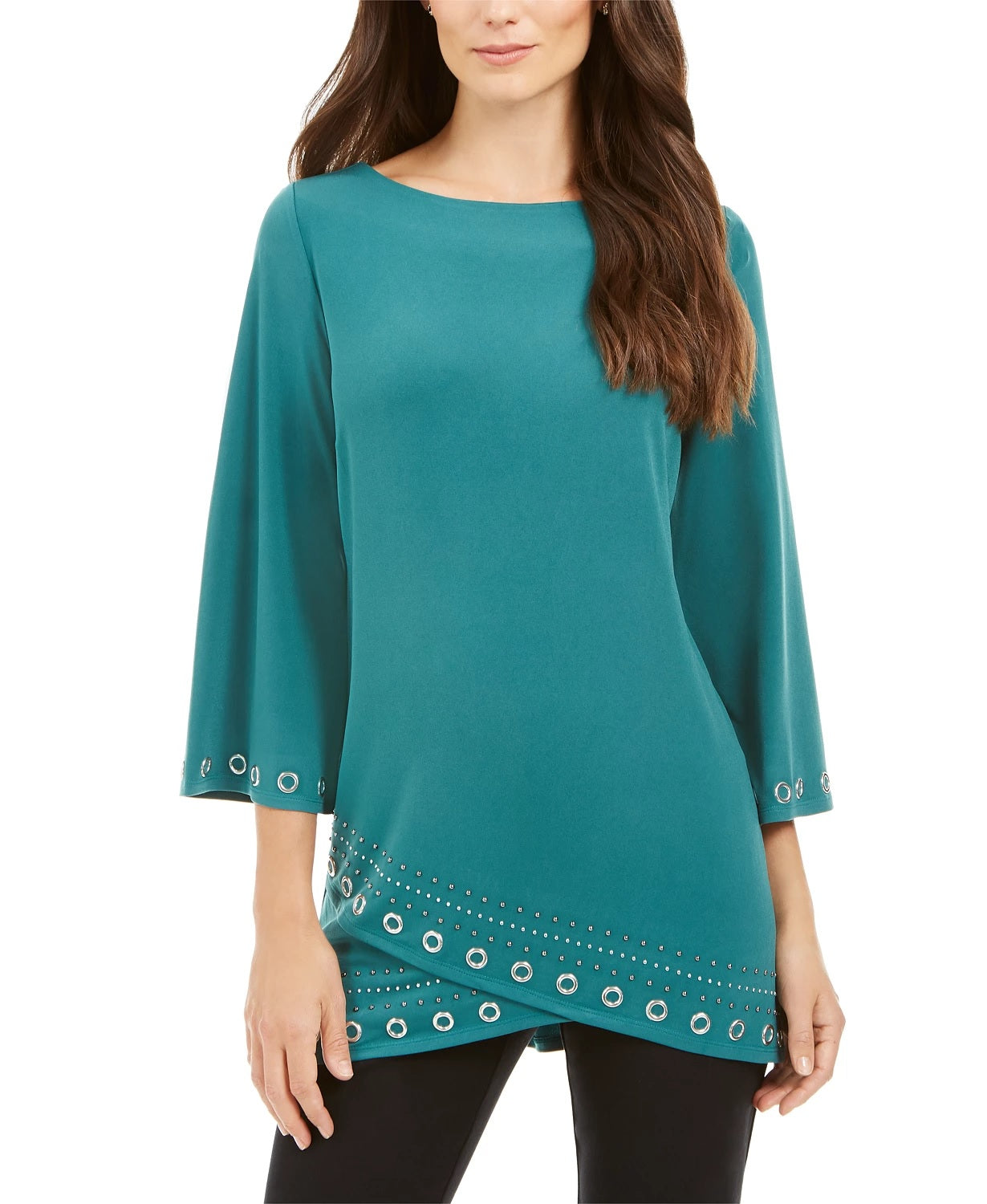 JM Collection Top feminino com ilhós e bainha cruzada, verde, tamanho médio