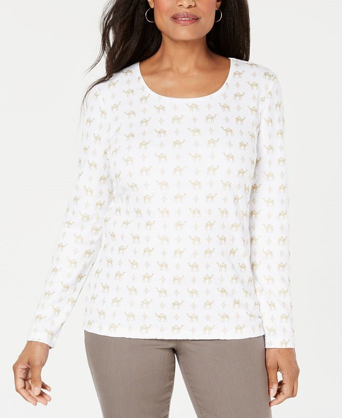 Blusa feminina Karen Scott com estampa de camelo brilhante, branca, tamanho pequeno