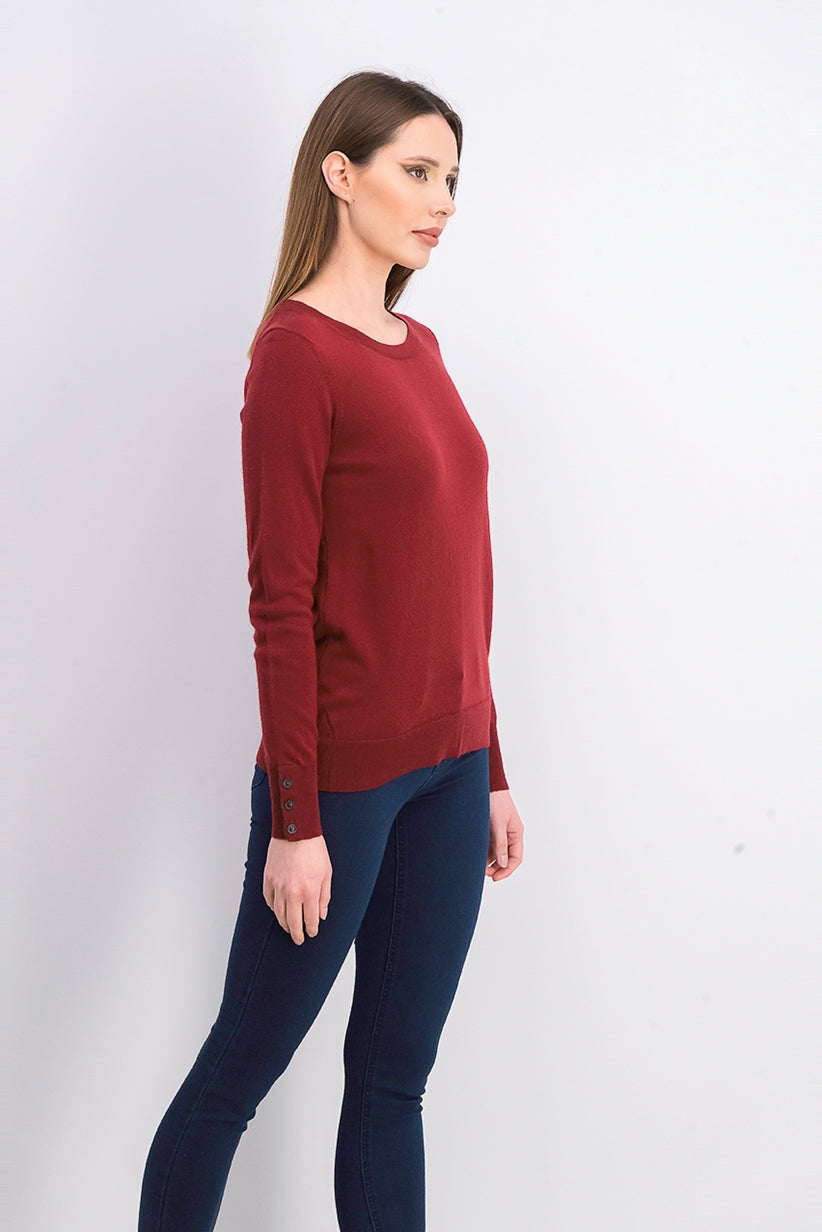 Suéter feminino de lã merino com punhos abotoados e gola redonda, tamanho vinho, extra grande