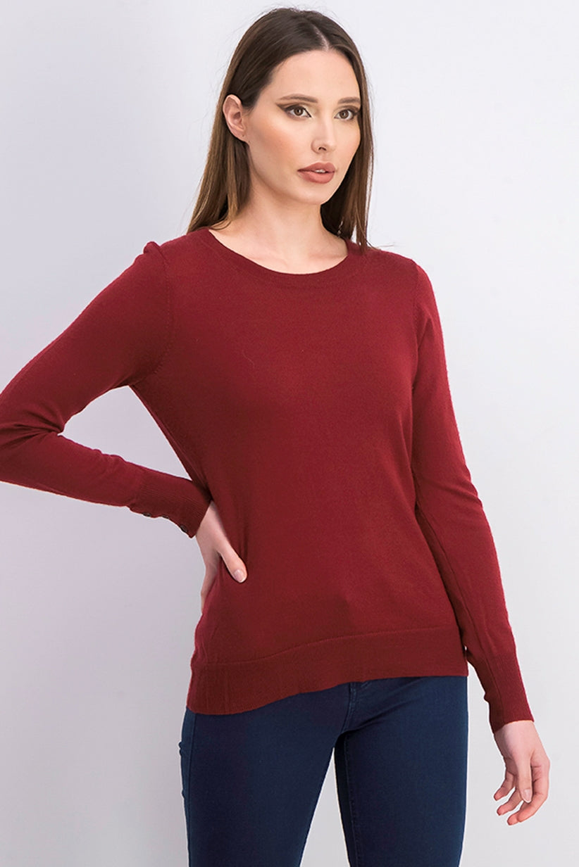 Suéter feminino de lã merino com punhos abotoados e gola redonda, tamanho vinho, extra grande