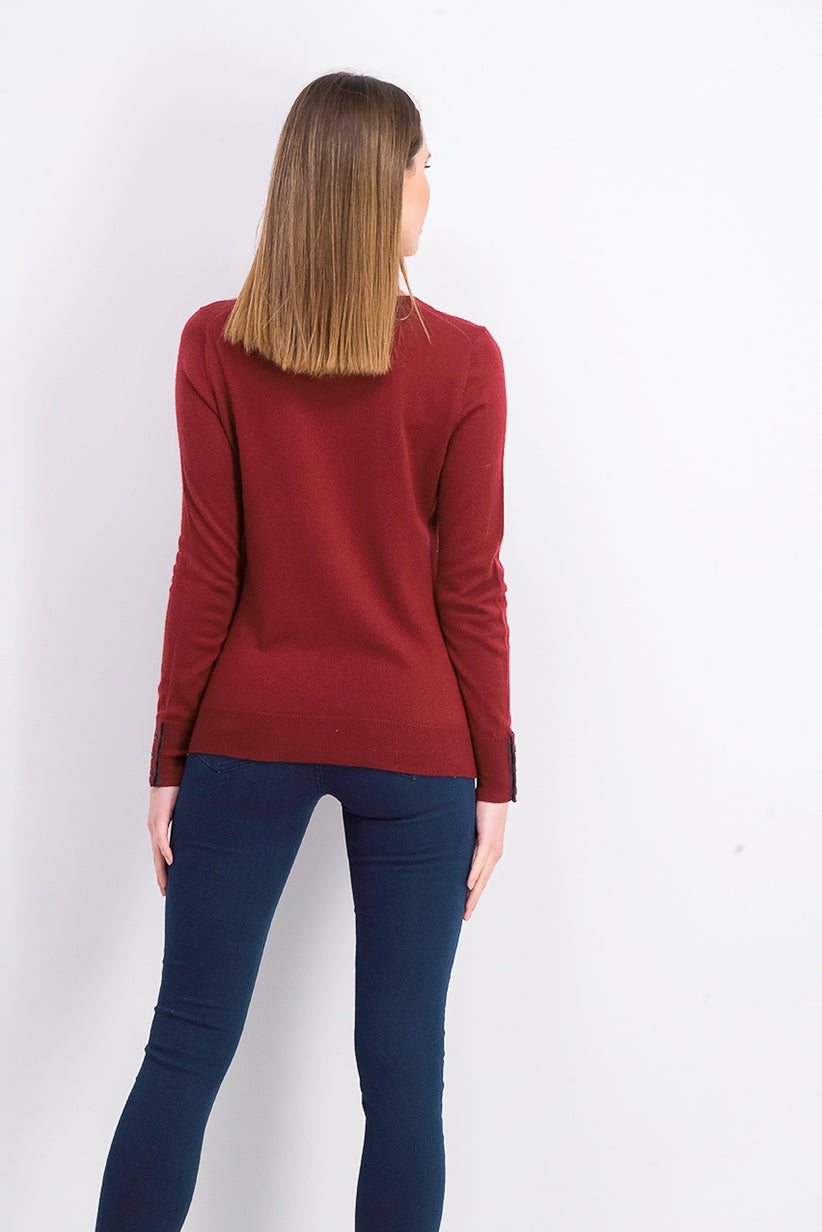 Suéter feminino de lã merino com punhos abotoados e gola redonda, tamanho vinho, extra grande
