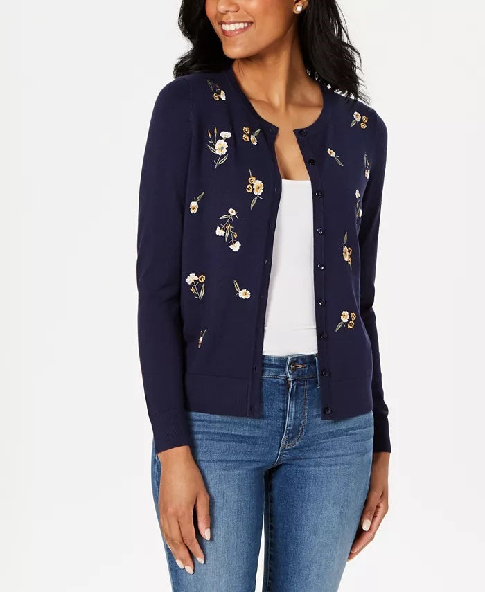 Cardigan feminino bordado floral Charter Club azul tamanho extragrande