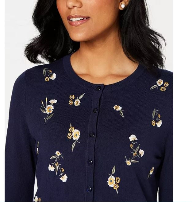 Cardigan feminino bordado floral Charter Club azul tamanho extragrande
