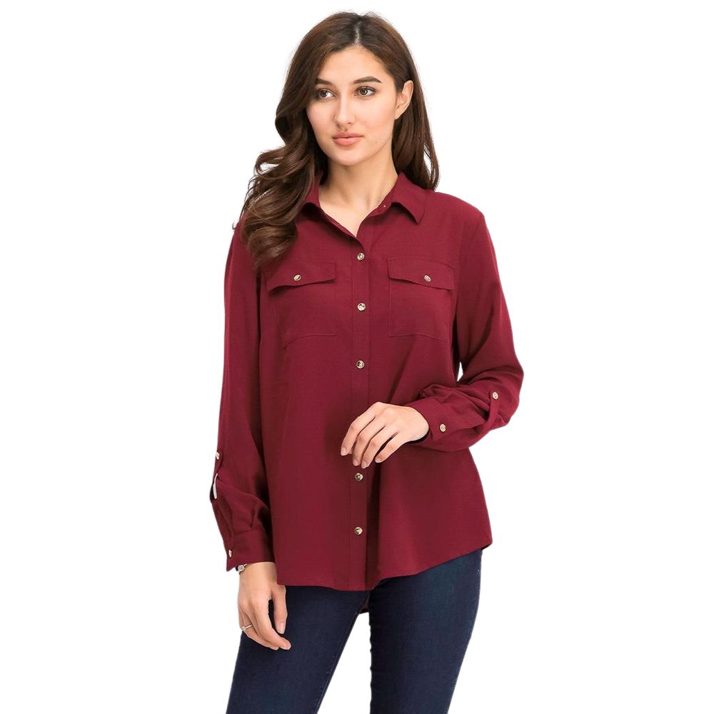 Camisa feminina Charter Club com dois bolsos, vinho, tamanho médio