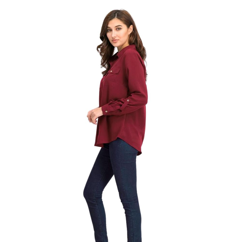 Camisa feminina Charter Club com dois bolsos, vinho, tamanho médio