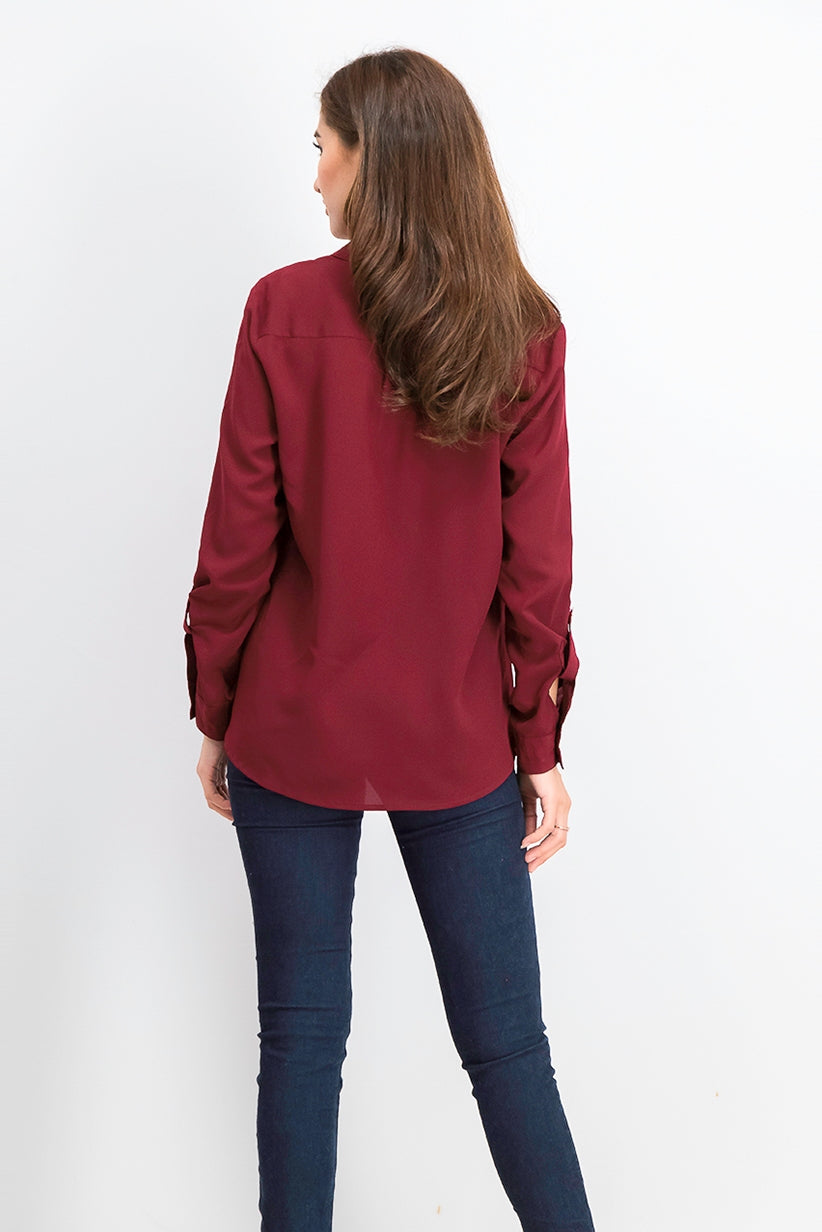 Camisa feminina Charter Club com dois bolsos, tamanho vinho, extra pequeno