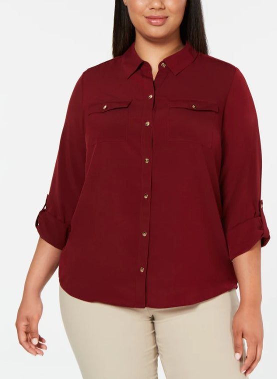 Camisa feminina plus size com botões frontais Charter Club, vermelha, tamanho 0X
