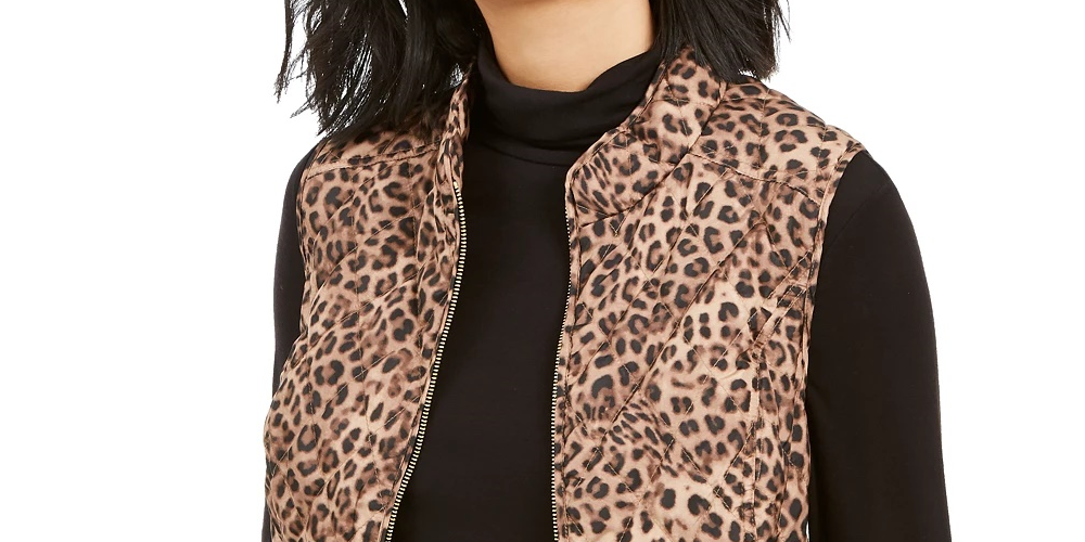 Colete acolchoado feminino com estampa animal Charter Club, bege, tamanho extra pequeno