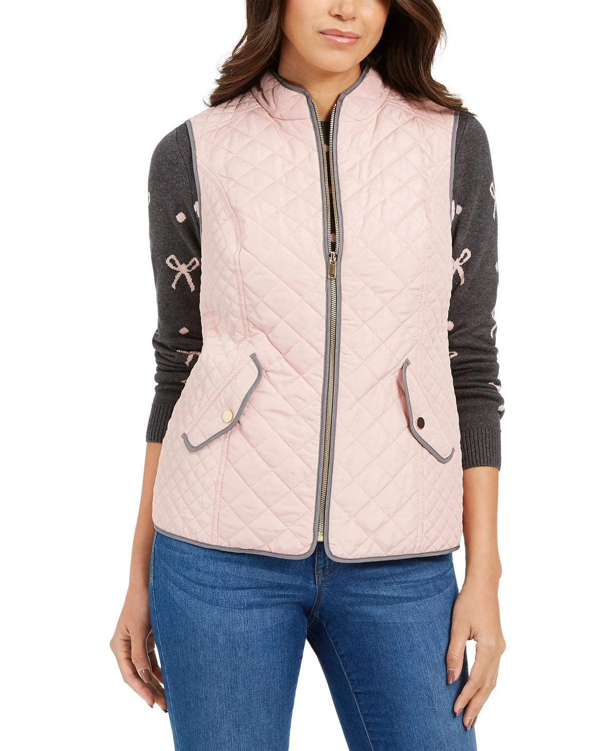 Colete feminino acolchoado com gola alta Charter Club, rosa, tamanho médio