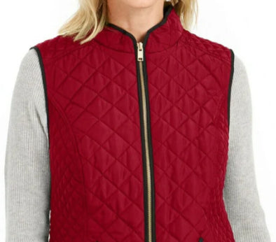 Colete feminino Charter Club de algodão acolchoado com zíper frontal, tamanho pequeno e grande, vermelho